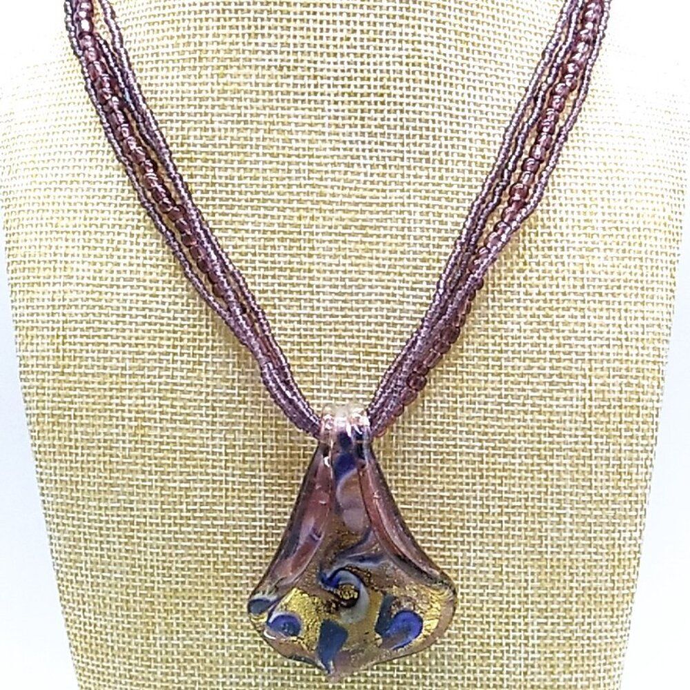 Artisan Art Glass Teardrop Pendant Multi-strand Beaded Necklace
